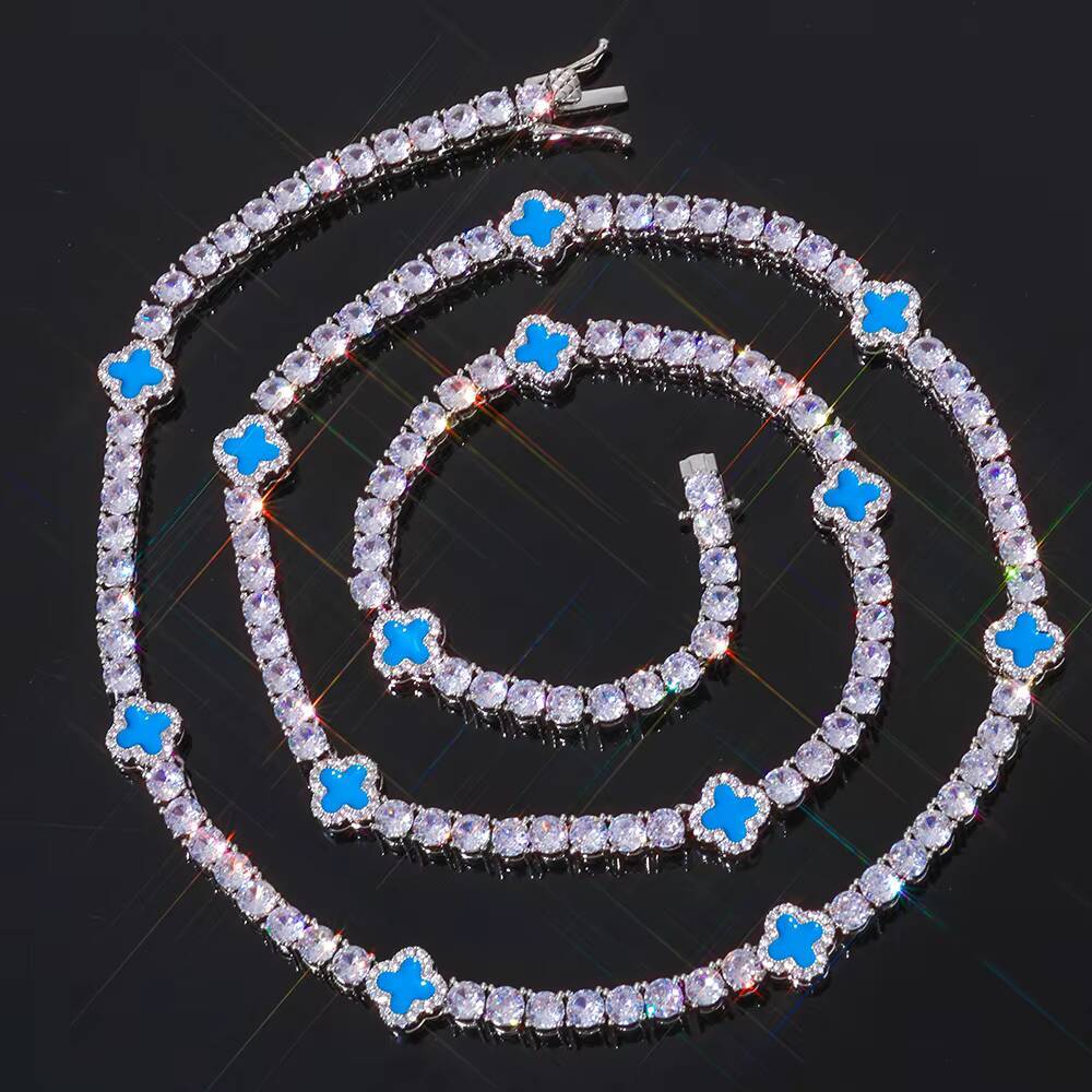 NUOYA Hip Hop Fine Jewelry Iced Out Diamond Tennis Chain Necklace Gold Plated Colorful Four Leaf Clover Tennis Chain for Women