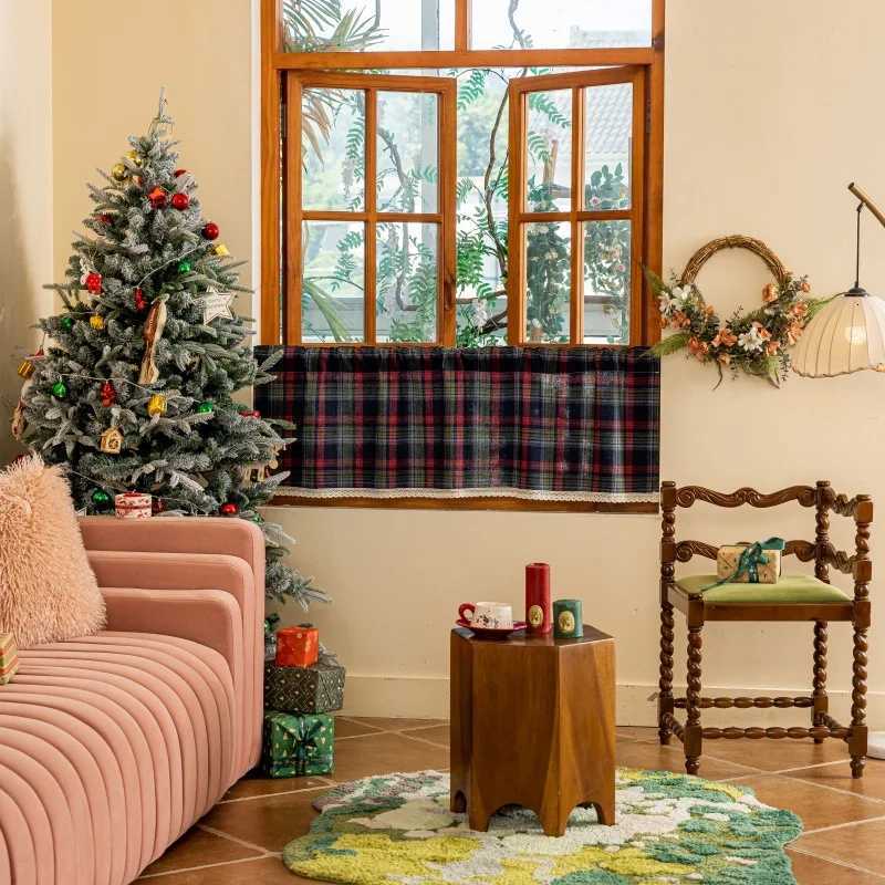 Christmas Christmas Plaid Curtains Scottish Tartan Xmas Decorative Window Curtain Farmhouse Semi-blackout Drapes for Kitchen Living Room Y251126