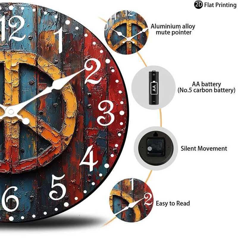 Wooden Silent Wall Clock Abstract peace symbol art Quartz Analog Clock FarmhouseOffice Idea Christmas Halloween C251126