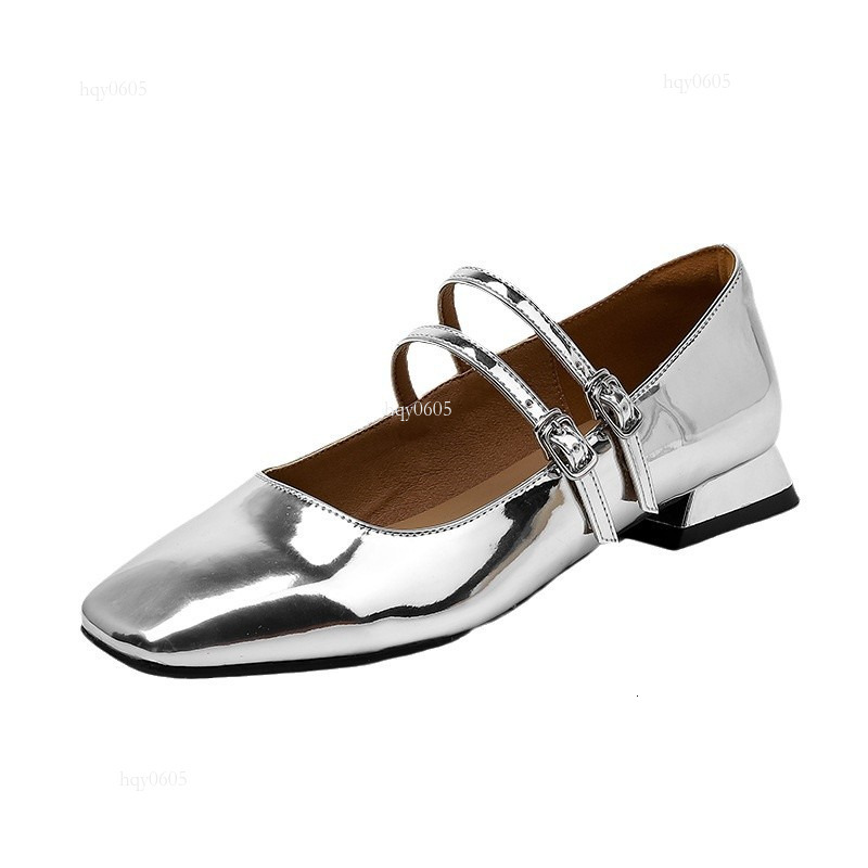 Top quality brand, high-quality new designer shoes, silver women's single square low heel small leather soft sole ballet shoes, fashionable shoes