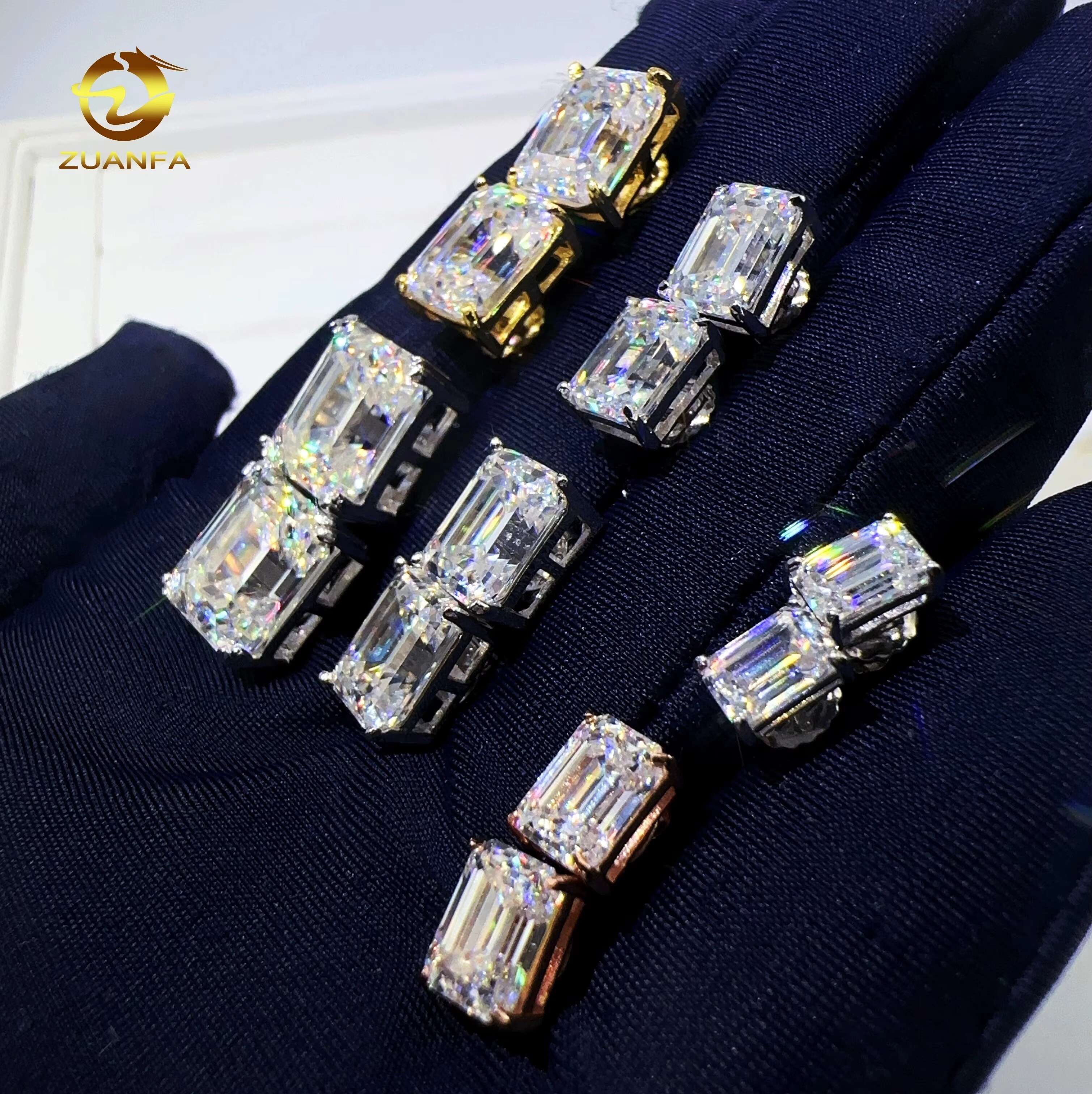 Zuanfa Wholesale Factory Price VVS Emerald Diamond 925 Sterling Silver Jewelry Screw Back Moissanite Stud Earrings
