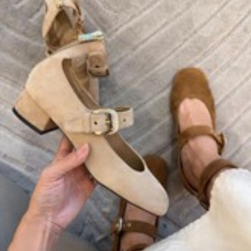 Women's Suede Double Buckle Strap Mary Jane Shoes, Square Toe Block Heel Casual Commute Footwear (Beige/Brown)---168-9