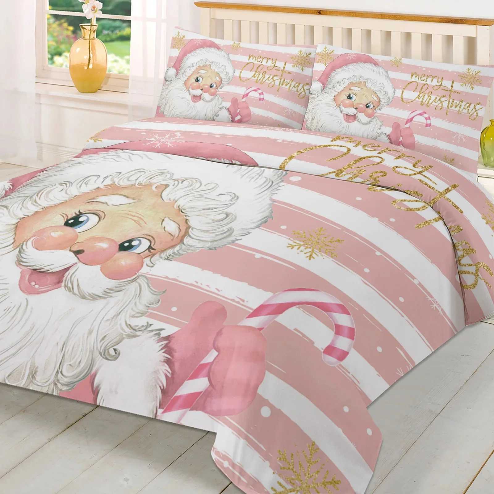Christmas Christmas Santa Claus Snowflakes Pink Stripes 3pcs Bedding Set For Double Bed Home Textile Duvet Cover Quilt Cover Pillowcase Y251126