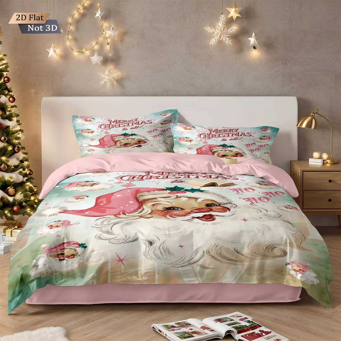 Christmas 3pcs Merry Christmas Pink Santa Claus Printed Chipless Bedding Set Multi Size Bedroom Bedding Decoration Machine Washable Y251126