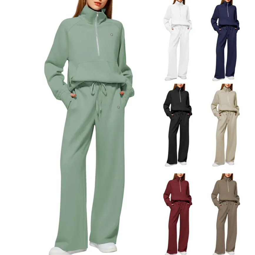 Luxury Designer Women Hoodies Two-Piece Casual Set Oversized Half-Zip Sweatshirt and Wide Leg Sport Pants Ladies' Outfit for Gym