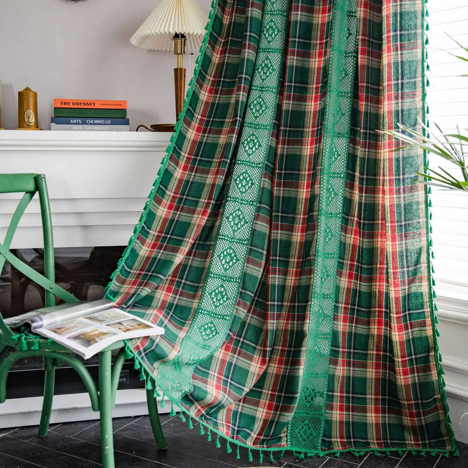 Christmas Christmas Green Plaid Yarn-dyed Curtain Semi-shading Bay Window Curtains for Kitchen Living Room Bedroom Home Decoration Y251126