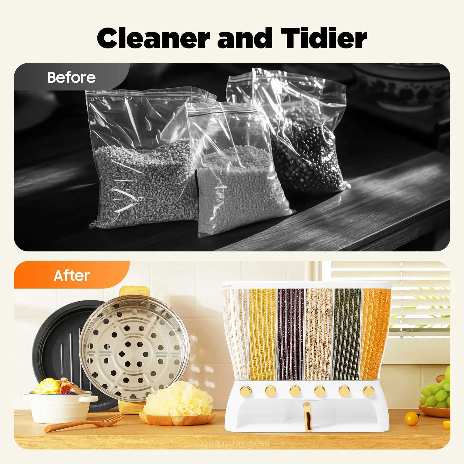 6-grid Dry Food Dispenser Wall-mounted 5 Adjustable Grid Beans Dispenser Rice Dispenser Kitchen Storage with Measuring Cup Y251126