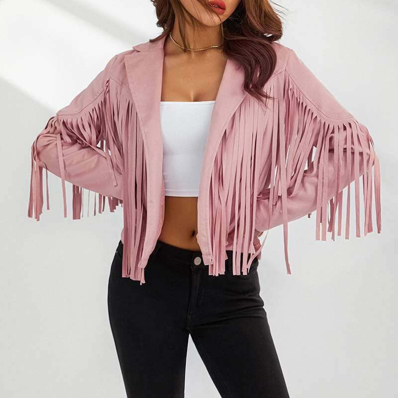 Women Spring Autumn Slim Long Sleeve Open Front Coat Solid Color Collared Jacket With Tassels Black/ Coffee/ Pink