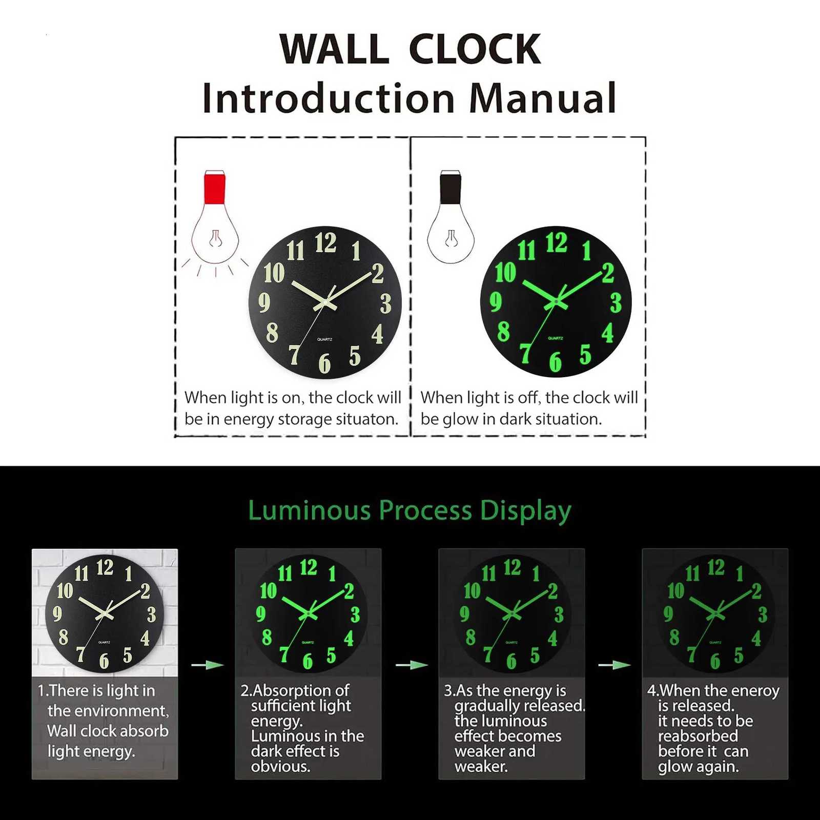 1009 Round Glow-in-the-Dark Wall Clock with Luminescent Numbers Quartz Movement Woodgrain Finish Perfect for Home Office C251126