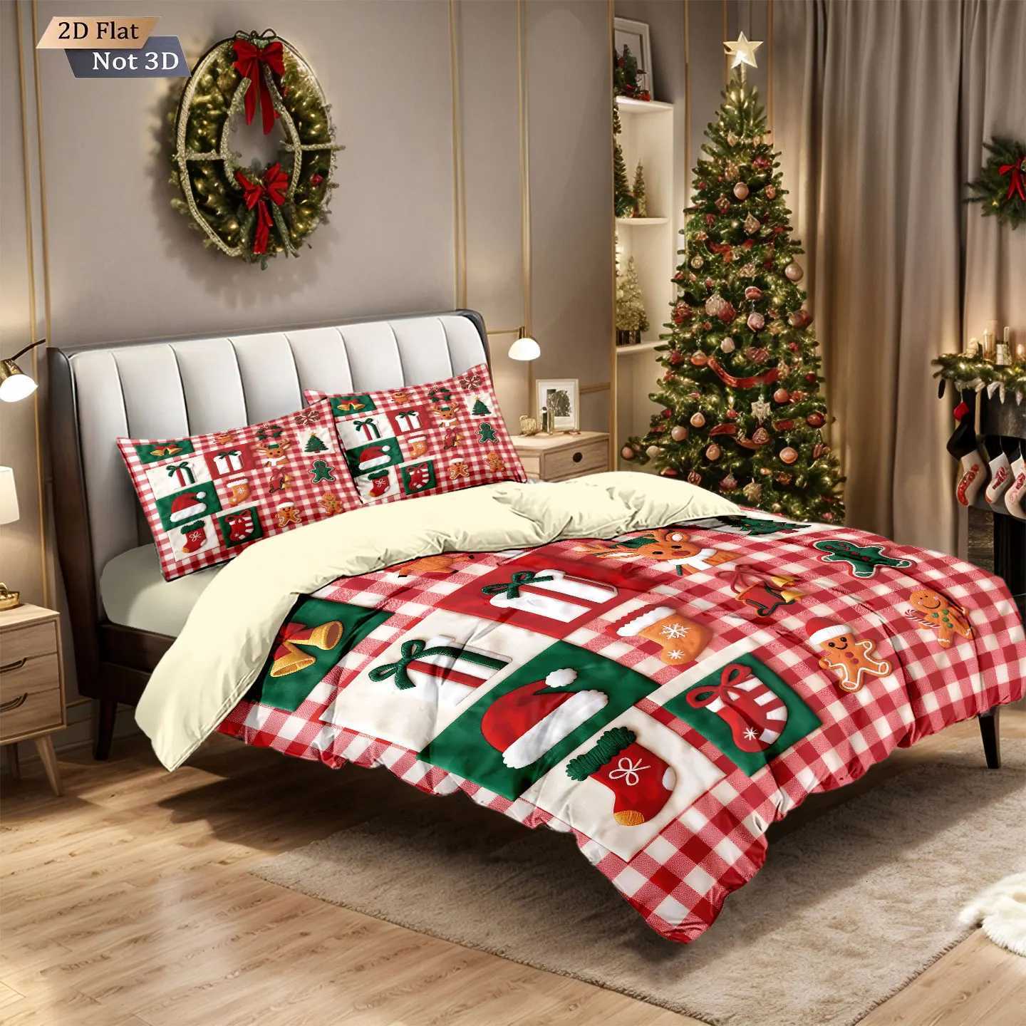 Christmas 3pcs Christmas red checkered printed coreless bedding set multiple sizes bedrooms dormitories comfortable machine washable Y251126