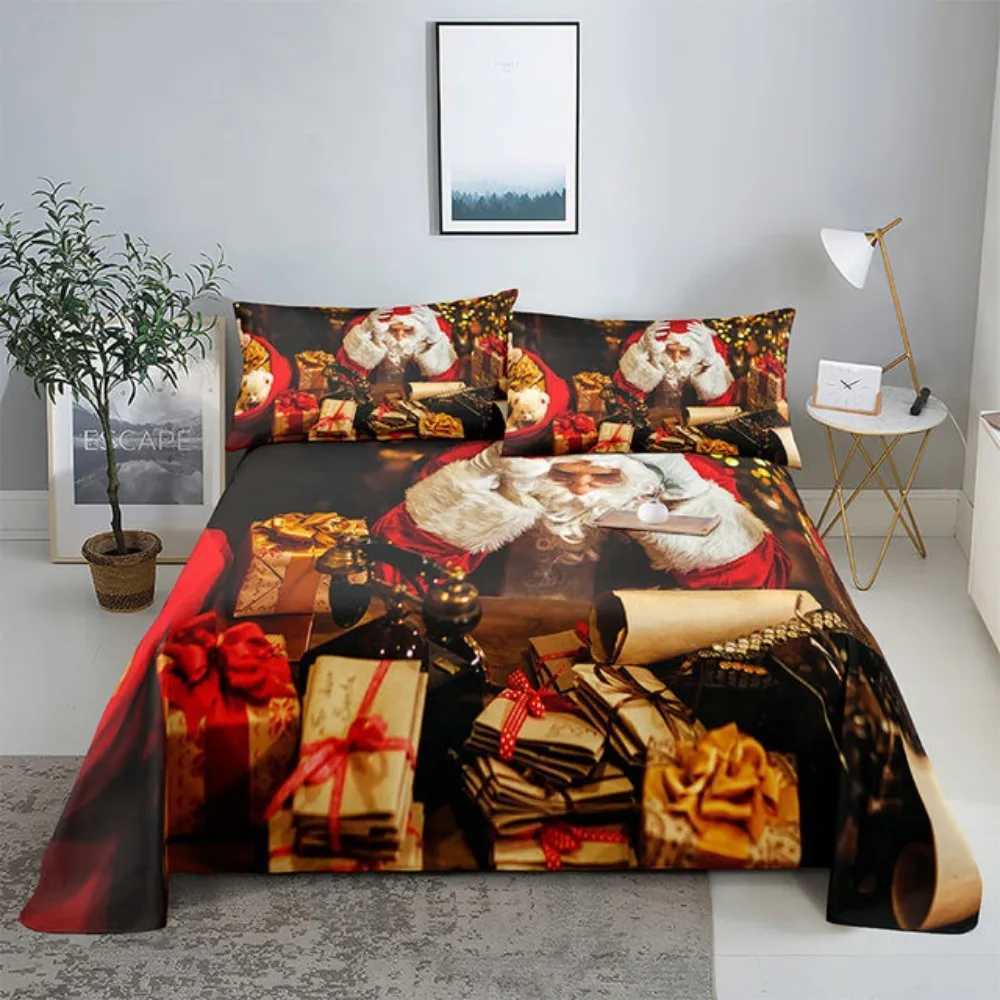 Christmas Merry Christmas Bed Sheet Set with Pillowcase 3D Print Santa Claus Home Decor New Year King Queen Full Size Red Bed Flat Sheet Y251126