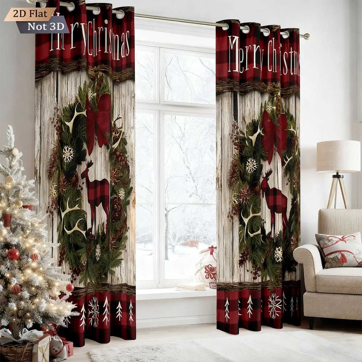 Curtain Christmas 2pcs Merry Christmas wreath reindeer print blackout curtains various size living room bedroom insulation holiday decoration Y251126