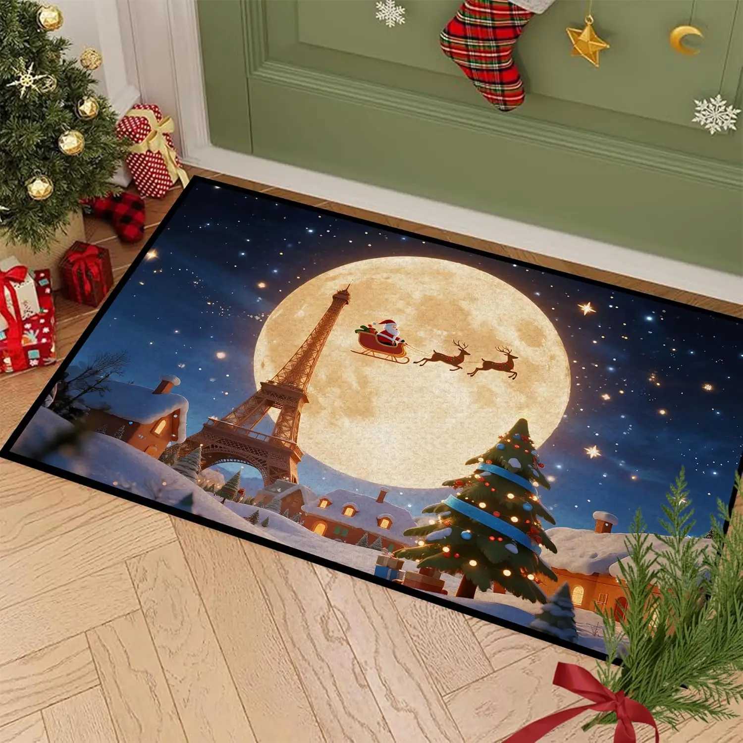 Christmas Rugs for Bedroom Santa Claus Holiday Decor Area Rugs with Eiffel Tower Xmas Kitchen Rug Romantic Night Santa ClausM251126