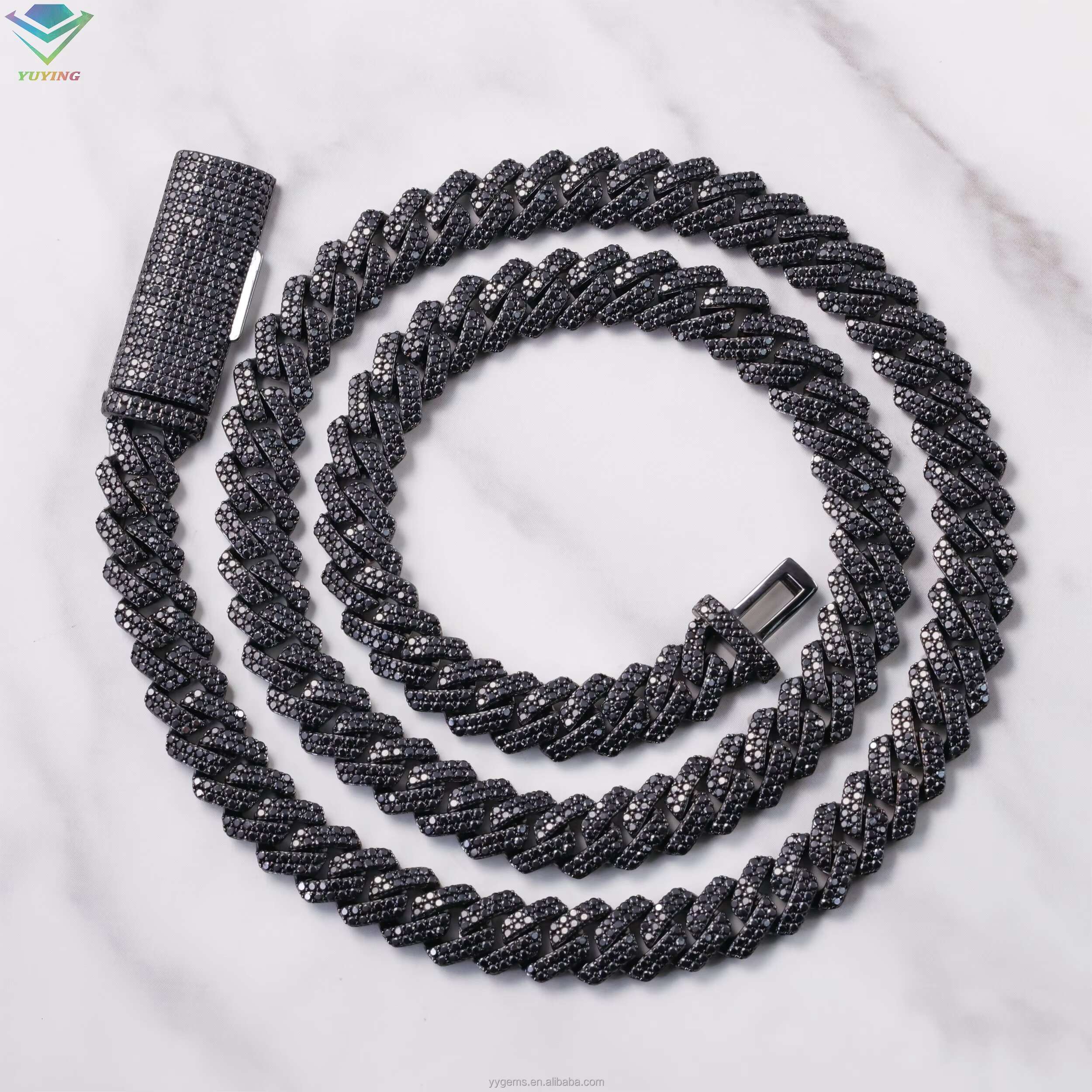 VVS Black Diamond 2rows 10mm 12mm S925 Silver Hip Hop Necklace For Men Black Moissanite Cuban Link Chain For Fashion Jewelry
