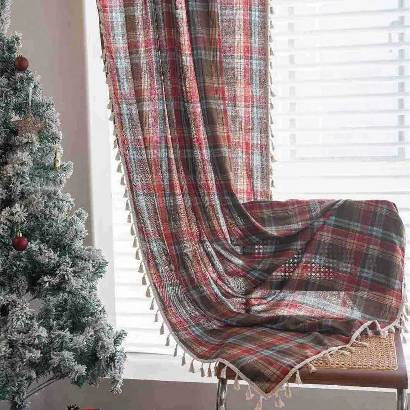 Christmas Christmas Buffalo Check Curtain Living Room Curtain Bedroom Vintage Farmhouse Semi Sheer Curtain Drapes Christmas Decoration Y251126