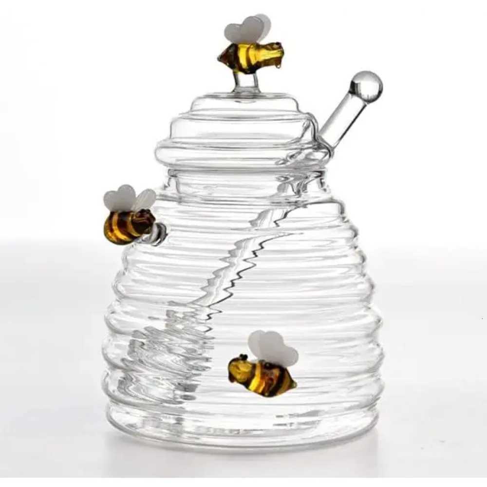 Honey Jar with DipperLid and Bee Decoration Beautiful Honey Shaped Glass Honey Pot for Home Kitchen and Decoration Y251126