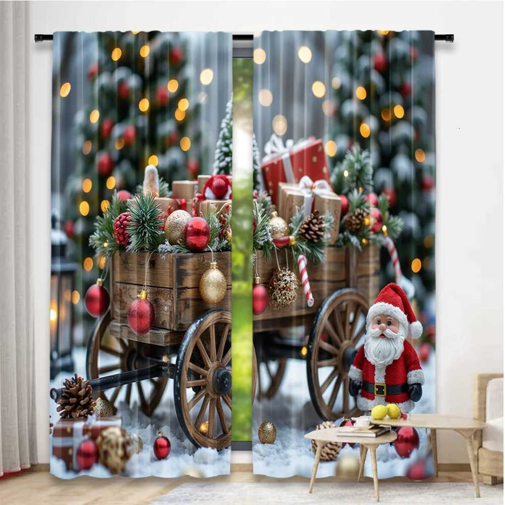 Curtain Christmas 2D flat printing 2pcs Christmas Hot Curtains Christmas red gift wagon Digital Printed Polyester Drapes Family Party Decoration Y2511