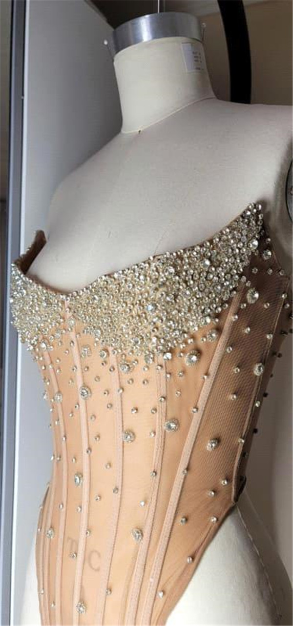 Gorgeous Dark Champagne Evening Prom Dresses Sexy Strapless Beads Crystals Corset Backless Long Vestidos de novia BC20529
