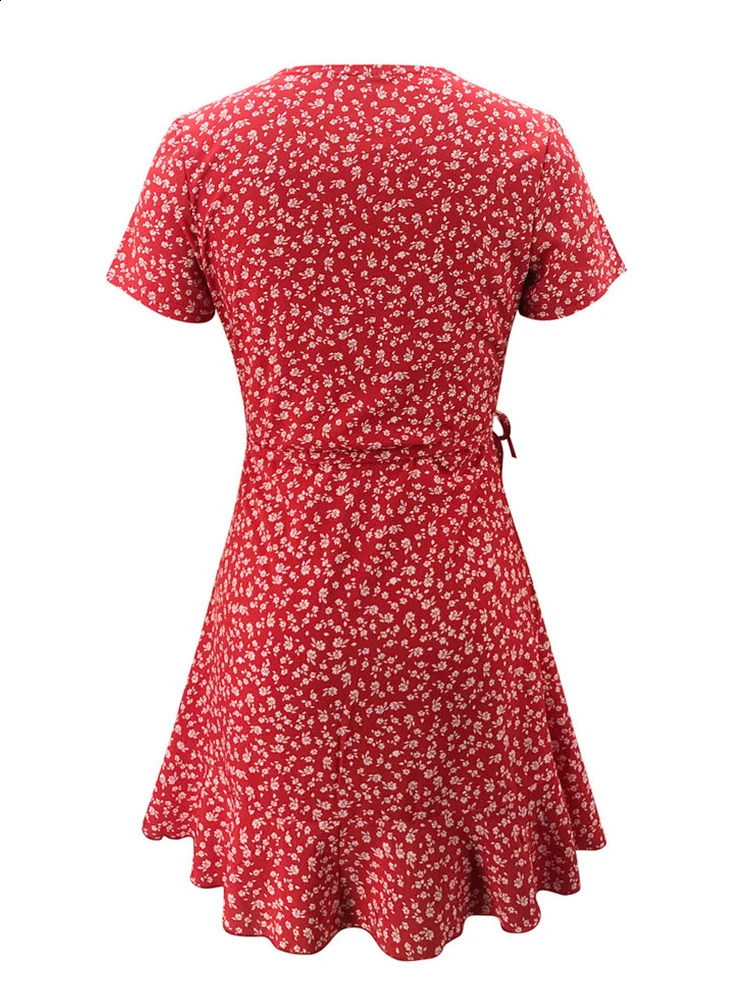 Summer Women's Floal A-Line Dress Sweet Elegant Floral Ruffles V-neck Bandage Short Dress for Lady Chic Flowers Mini Dress250522