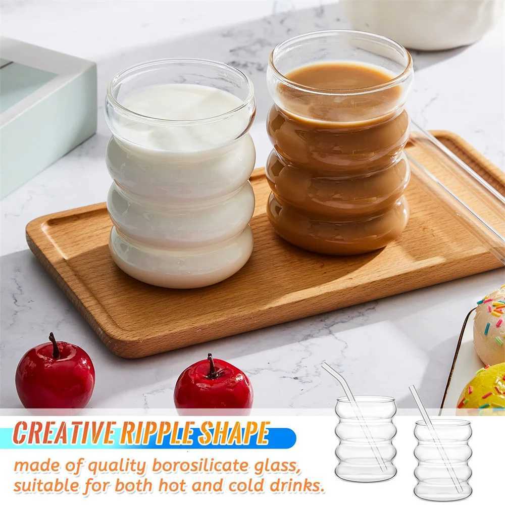 4pcs/Set Glass Cups Coffee Mug Creative Clear Drinking Glasses Ribbed Glassware Cups With Straws Set Cocktail Fruit Glass C251126