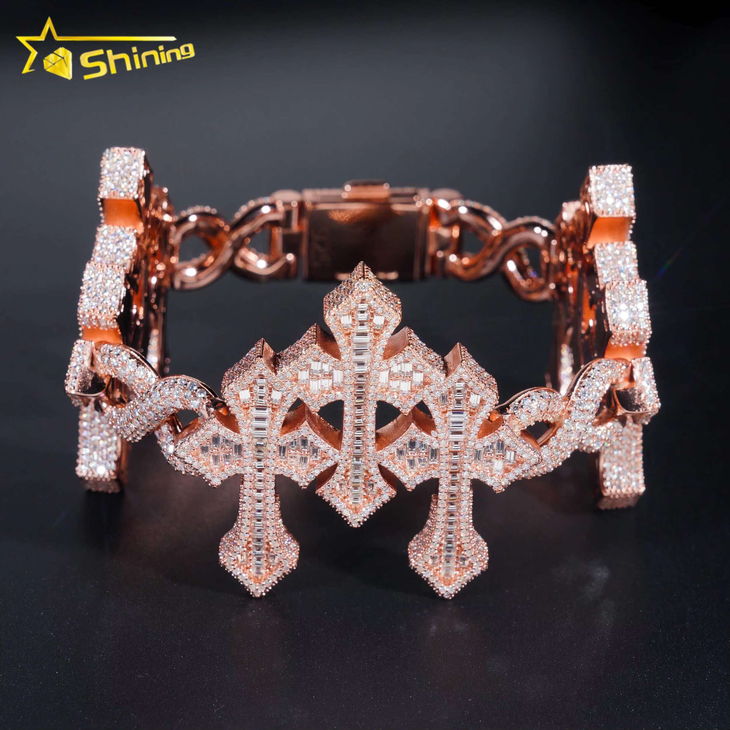 Pass Diamond Tester Silver 925 Gold Plated Custom Mens Hip Hop Jewelry Cross Baguette VVS Moissanite Cuban Bracelet