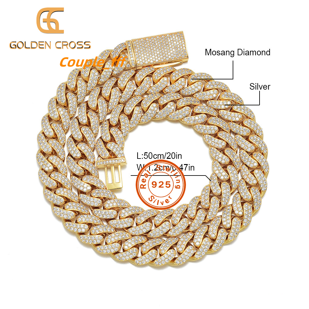 Mozambique 925 Silver Cuban Chain 12mm Gold Plated Geometric Pattern for Weddings Engagements Top Vvs Moissanite Necklace