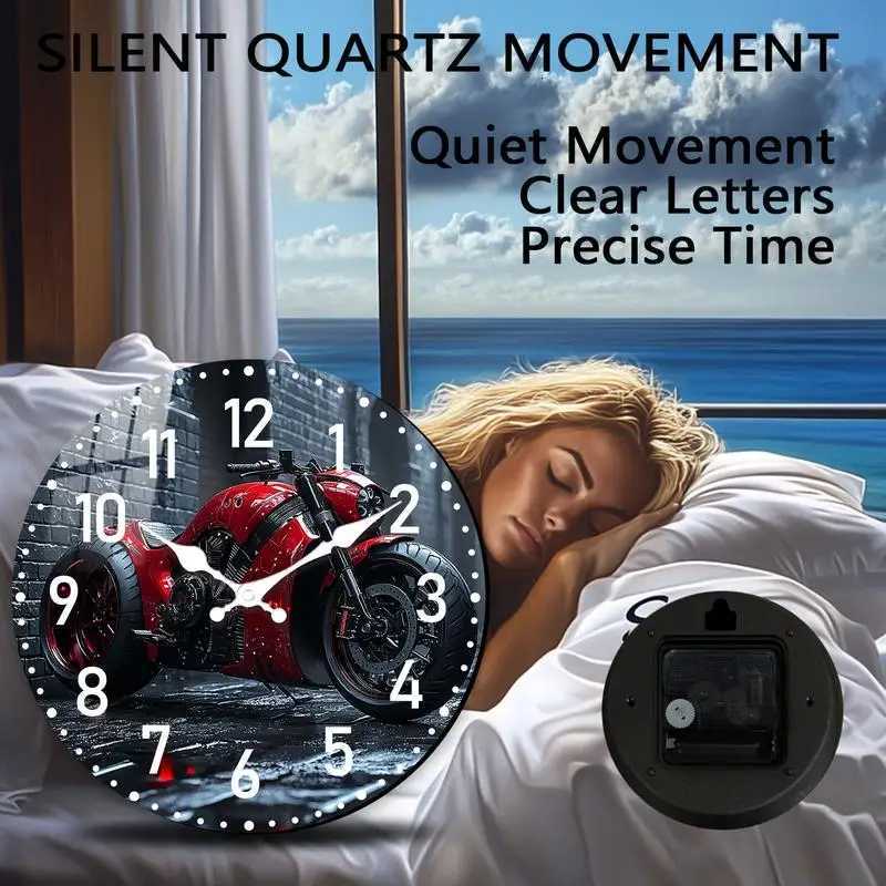 Red motorcycle against brick wall Quartz round Analog Wooden Silent Wall Clock original Perfect Christmas gift for friends C251126