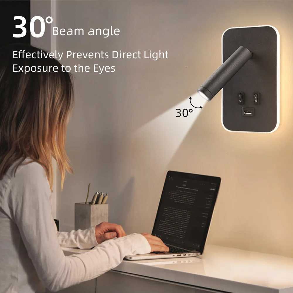 Bedside Wall Lamp LED Wall Light Wall Mounted Reading Light with Switch and USB Port Rotatable Wall Sconce Wall Spotlight M251126