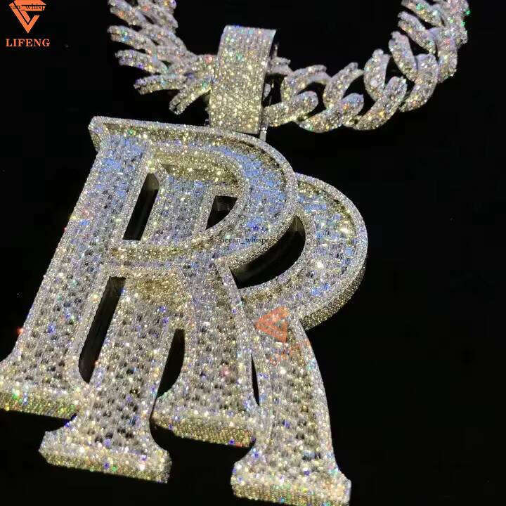 Hip Hop Double R Letter Baguette 18k Moissanite Vvs GRA Moissanite 925 Silver Personalized Necklace Iced Custom Jewelry 14k Chain Pendant - view 3