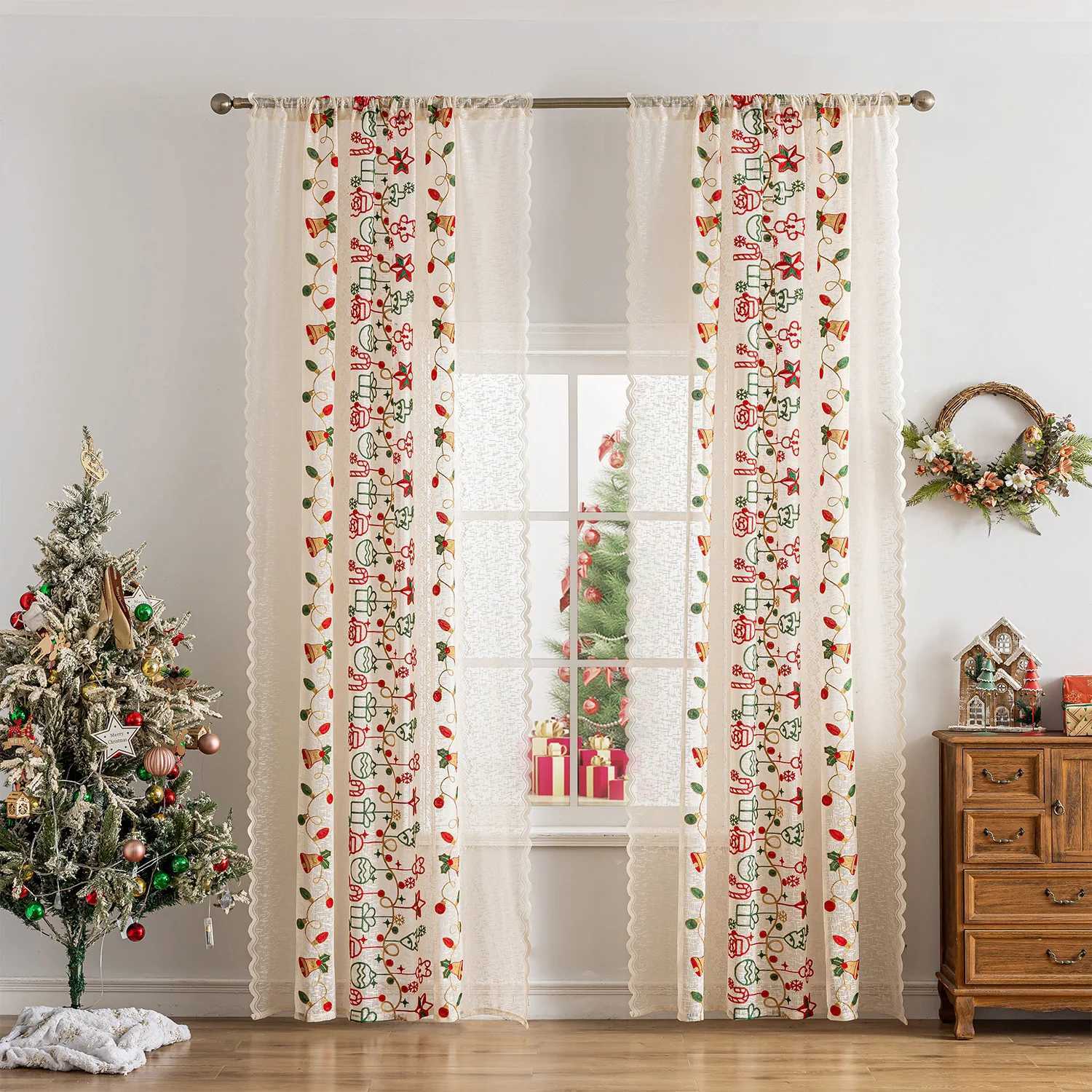 Curtain Christmas 1pc Christmas Pattern Curtains for Home Xmas Themed Window Drapes with Snowman Bell Gift Prints Holiday Decor Curtains Y251126