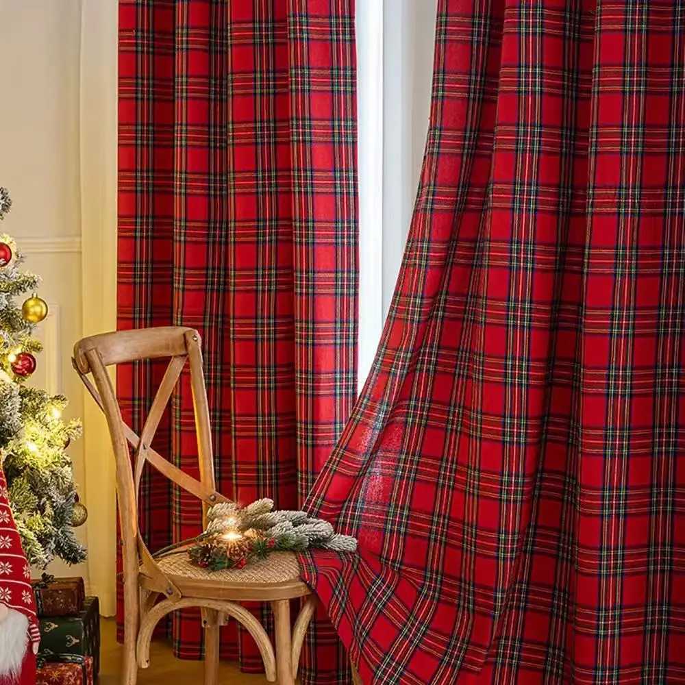 Christmas 1pc Christmas Green Plaid Grommet Curtain Festive Window Decor for Holiday Living Room Dining Room Y251126