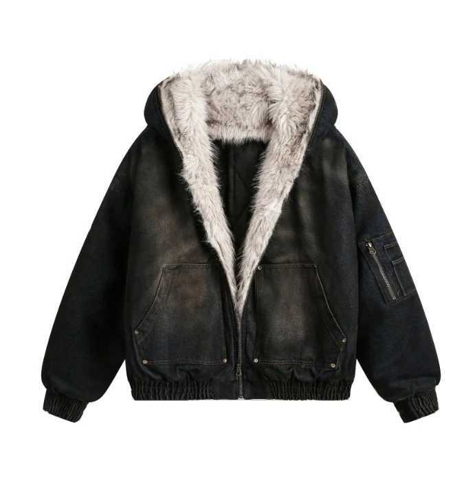 Fashion Streetwear Harajuku Vintage Fur Lined Denim Hooded Jacket Men Women Worn Out Washed Casual Black Zipper Jacket for Winter Warmth Y251125