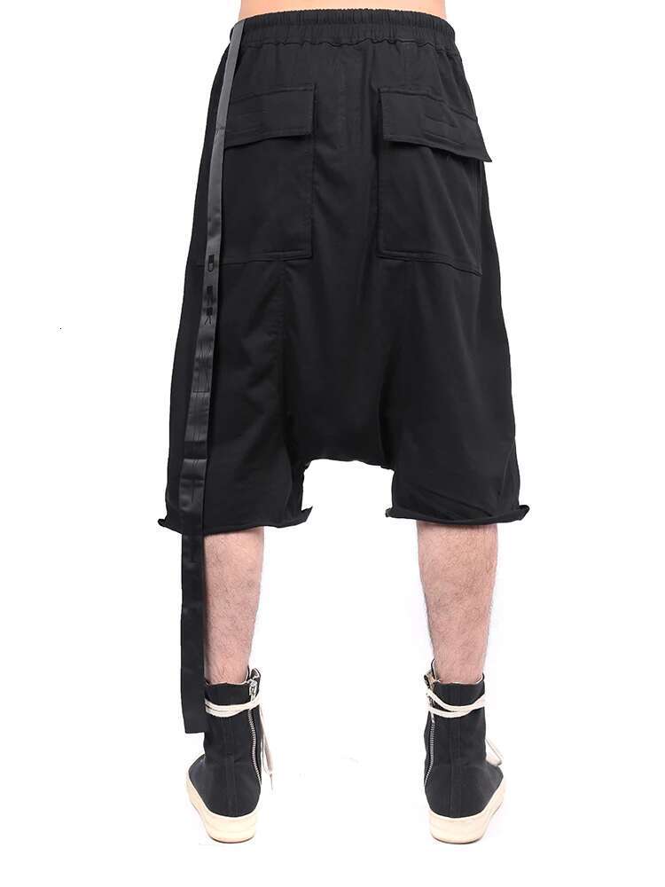 RICK Dark RO Cotton Short Men's Triangular Patch Silhouette Hanging Crotch Five Quarter Pants With Frayed Edge And Ribbon Shorts