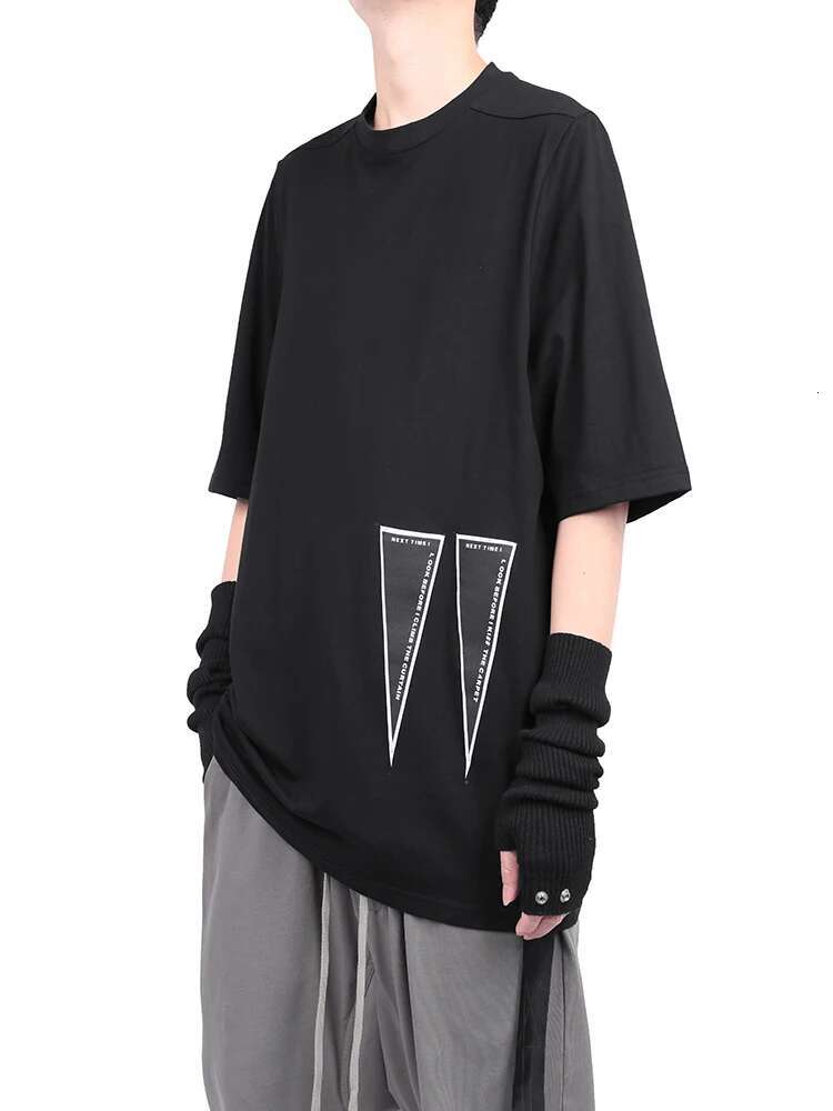 Dark RO Cotton Tees Tshirt Men's Inverted Triangle Slogan Sticker Short Sleeved Ribbon Casual Loose T-Shirt Tops Rick Style