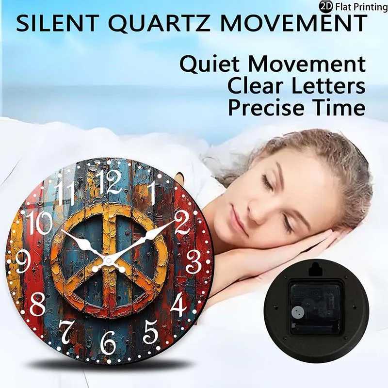Wooden Silent Wall Clock Abstract peace symbol art Quartz Analog Clock FarmhouseOffice Idea Christmas Halloween C251126
