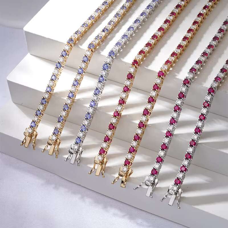 14k Solid Stock Wholesale Beautiful Round Brilliant Fancy Cut Lab Grown Ruby Sapphire Moissanite Stones Tennis Bracelet