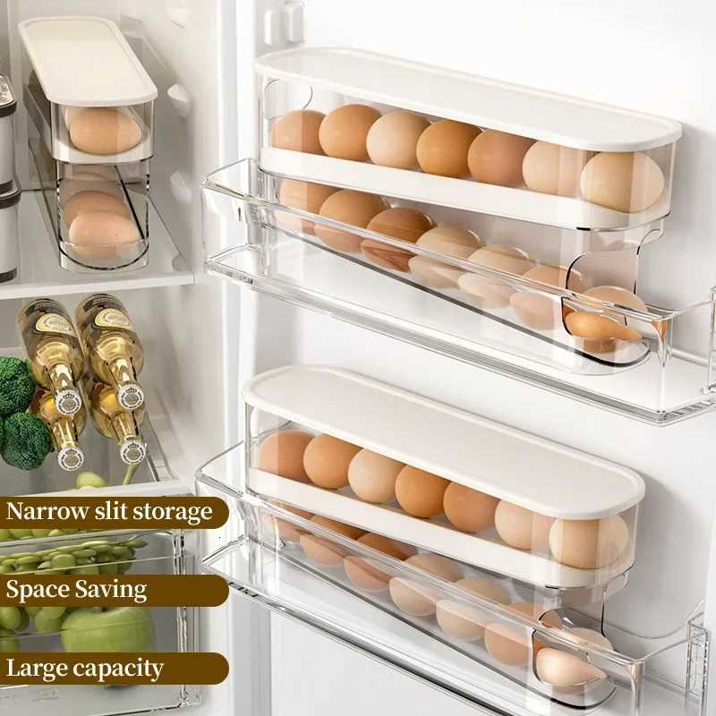 Automatic Scrolling Egg Rack Kitchen Egg Holder Storage Box Egg Basket Container Organizer Rolldown Refrigerator Egg Dispenser Y251126
