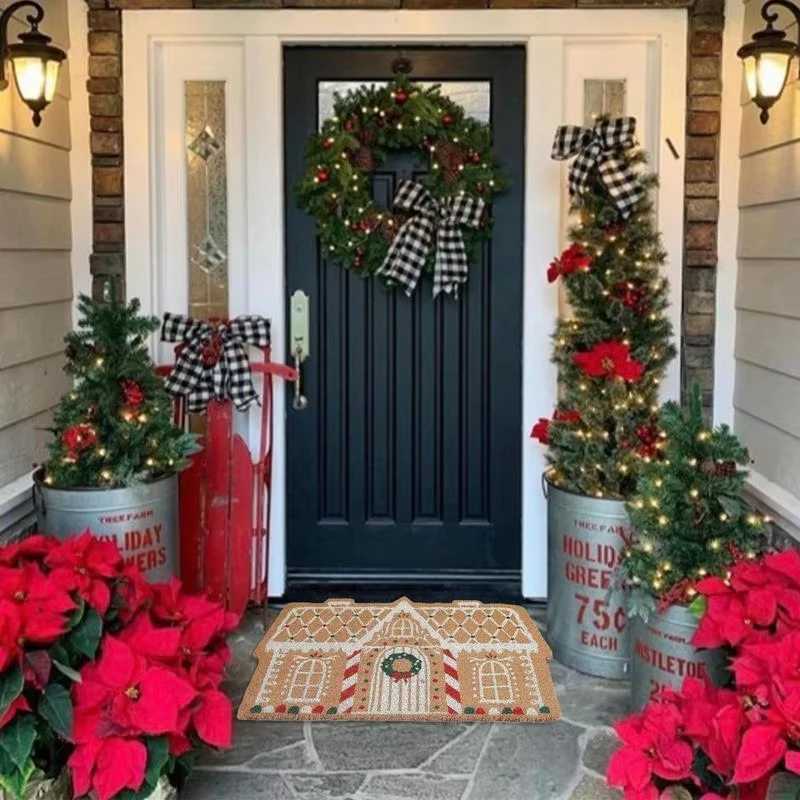 VIKAMA Christmas Gingerbread House Floor Mat Entrance Non Slip Water Absorbent Easy To Clean Festive Atmosphere Decorat CarpetM251126