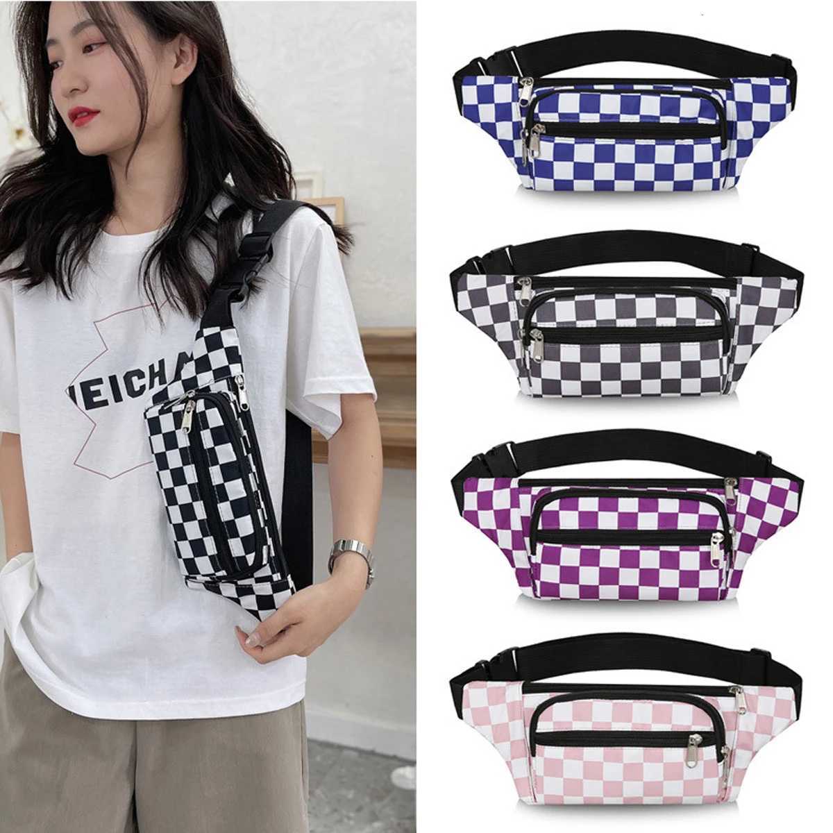 Large Capacity Waterproof Outdoor Sports Waist Bag Mens and Womens Black and White Plaid Mobile Phone Bag Student Waist BagT251126