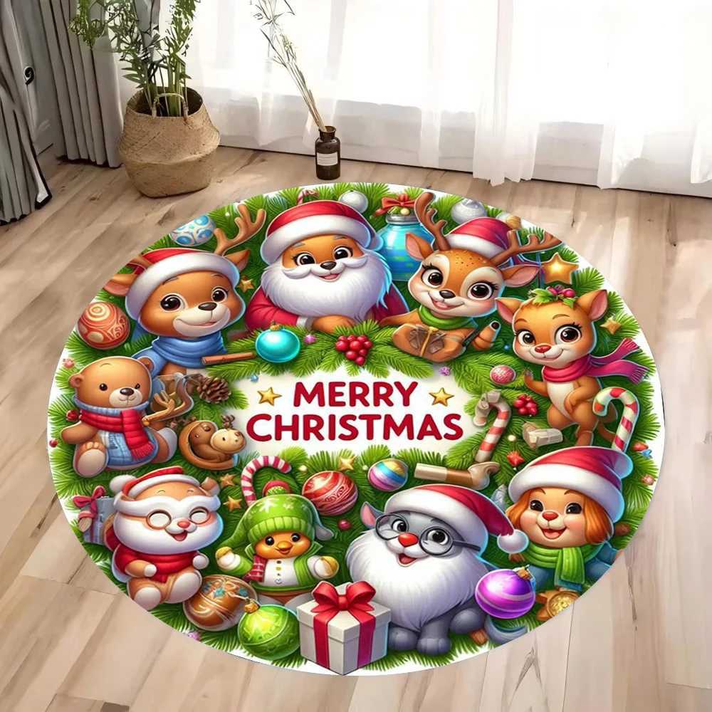 Santa Claus and Sled Round Carpet Christmas Tree Elk Snowman Round Carpet Bedroom Carpet Home Floor Mat Washable Leisure CarpetM251126