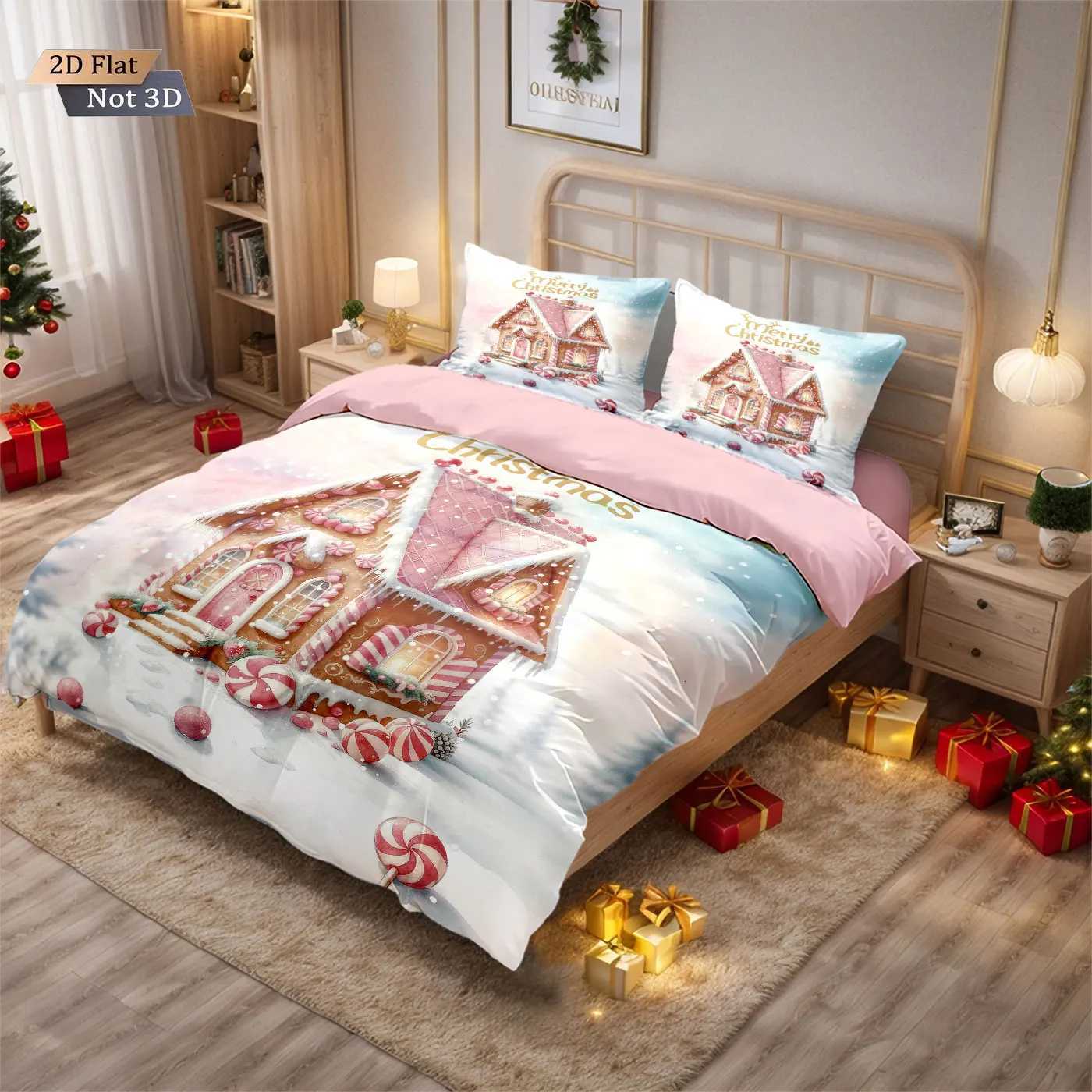 Christmas 3pcs pink romantic Christmas cottage Merry Christmas print choreless bedding set multi size bedroom bedding holiday decoration Y251126