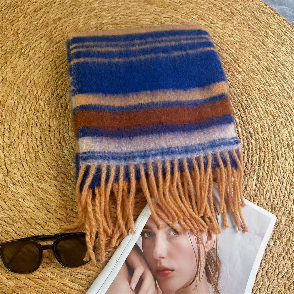 T563 Korean striped scarf for girls in winter, high-grade woolen color warm scarf for students, couples, shawls, dual-purpose