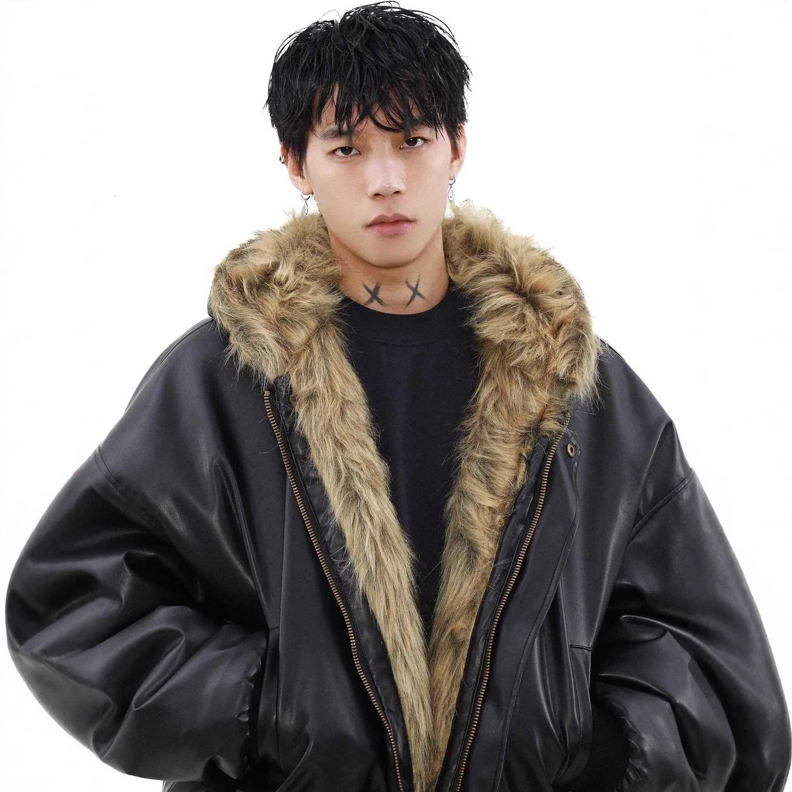 Fashion American Style Mens Padded Jackets PU Leather Reversible Faux Fur Fleece Thickened Solid Color Loose Male Coats Tide Y251125