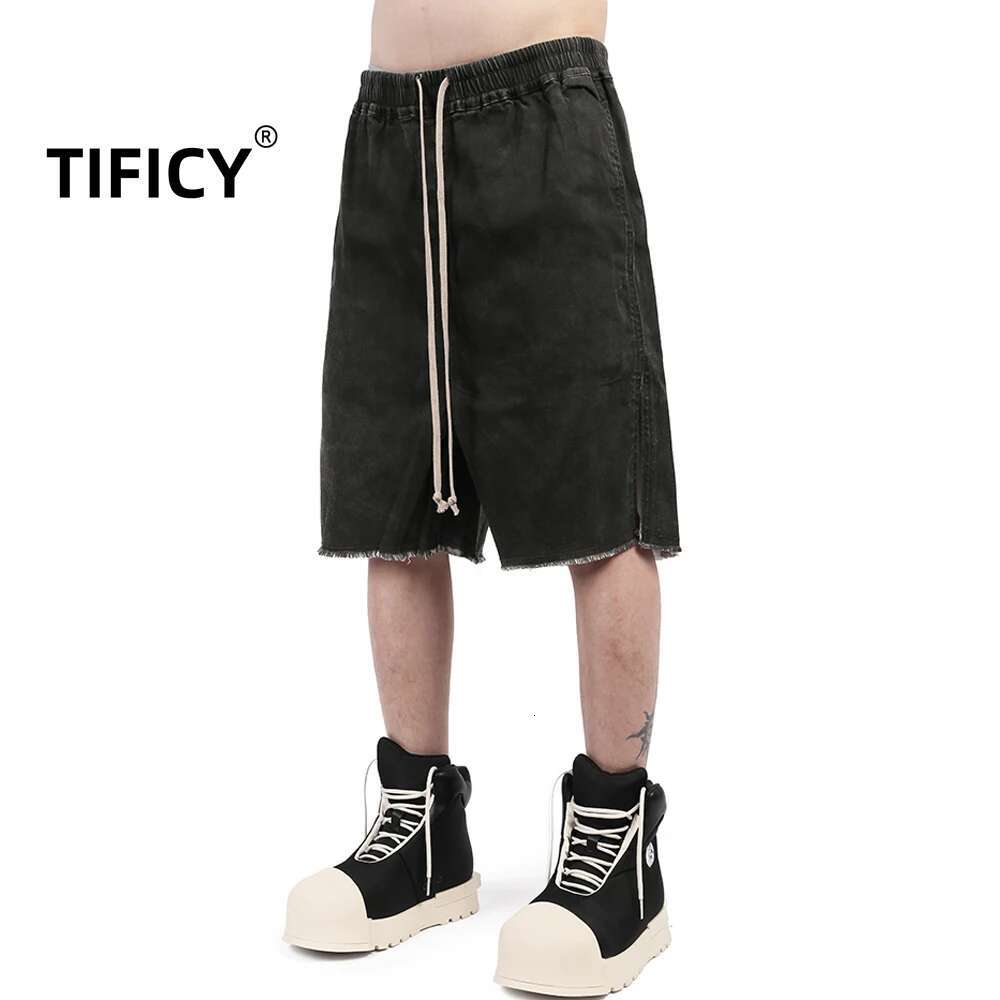 Dark RO Cotton Men's Washed Cigarette Ash Slit Silhouette Five Quarter Pants With Distressed Edges Denim Shorts RICK