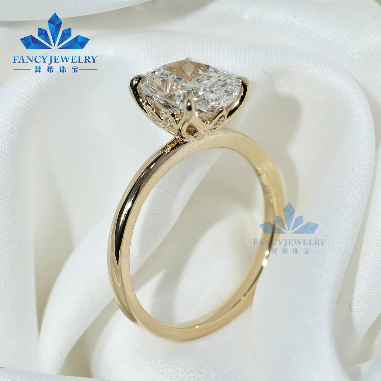 10K 14K 18K Yellow Gold 1CT 2CT 3CT 4CT 5CT IGI Cvd Hpht Cushion Shape Lab Grown Diamond Women Engagement Wedding Ring