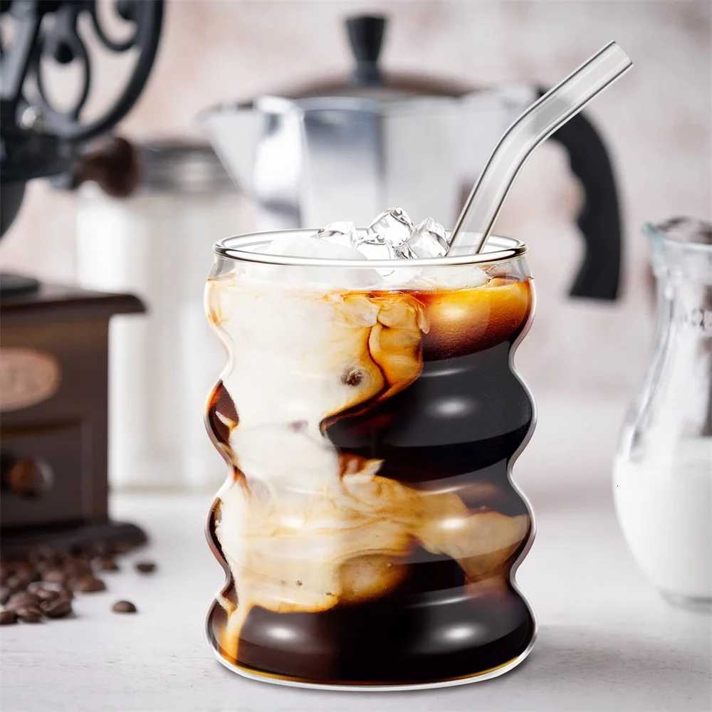 4pcs/Set Glass Cups Coffee Mug Creative Clear Drinking Glasses Ribbed Glassware Cups With Straws Set Cocktail Fruit Glass C251126