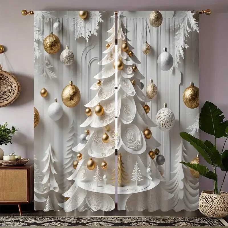 Curtain Christmas 2pcs Elegant Gold Christmas Tree Pattern Sophisticated Design Light - Filtering Polyester Curtains for Christmas Home Windows Y25112