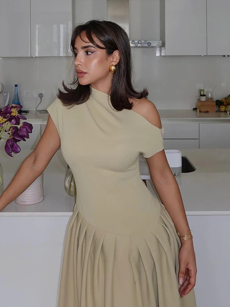 Elegant Pleated Midi Dress For Women Fashion Street Short Sleeve Patchwork Long Dress Casual Office Lady Irregular Neck Vestidos 250425