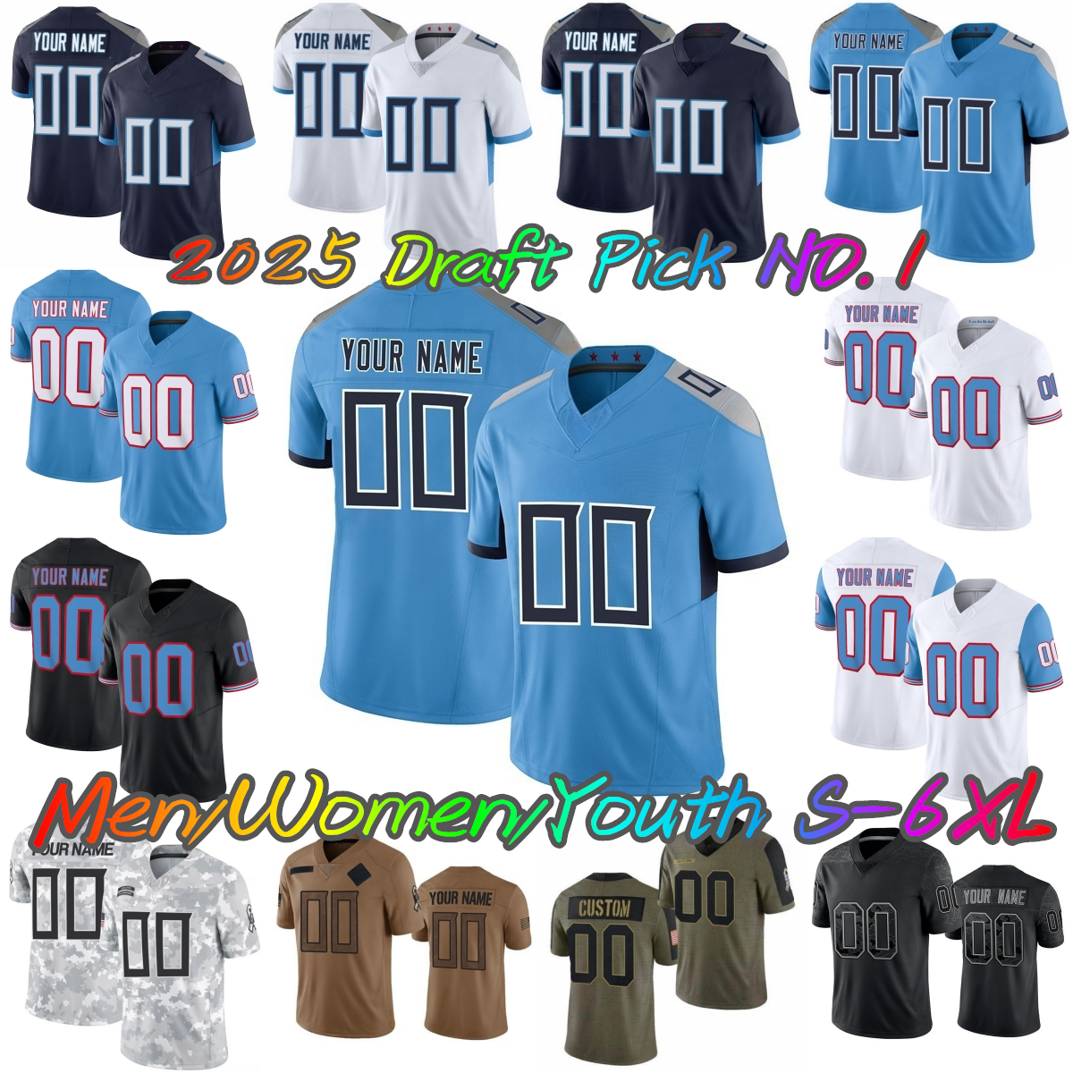 Custom S-6XL DIY 2025 Draft Pick NO.1 Cam Ward Football Jersey 8 Will Levis Ryan Tannehill Simmons Ridley Hopkins Byard Burks Henry Sweat Folk Sneed Stitched jersey