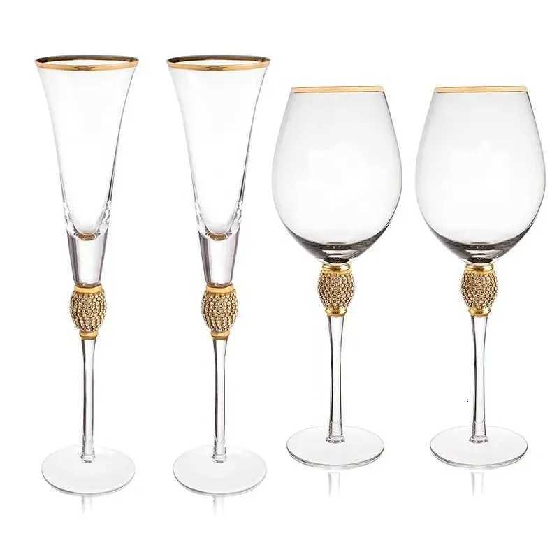 2Pcs Crystal Gold Rimmed Wine Glasses Set Elegant Rhinestone Diamond Decorative Long Stem Champagne Flutes Cocktail Glass Gifts C251126